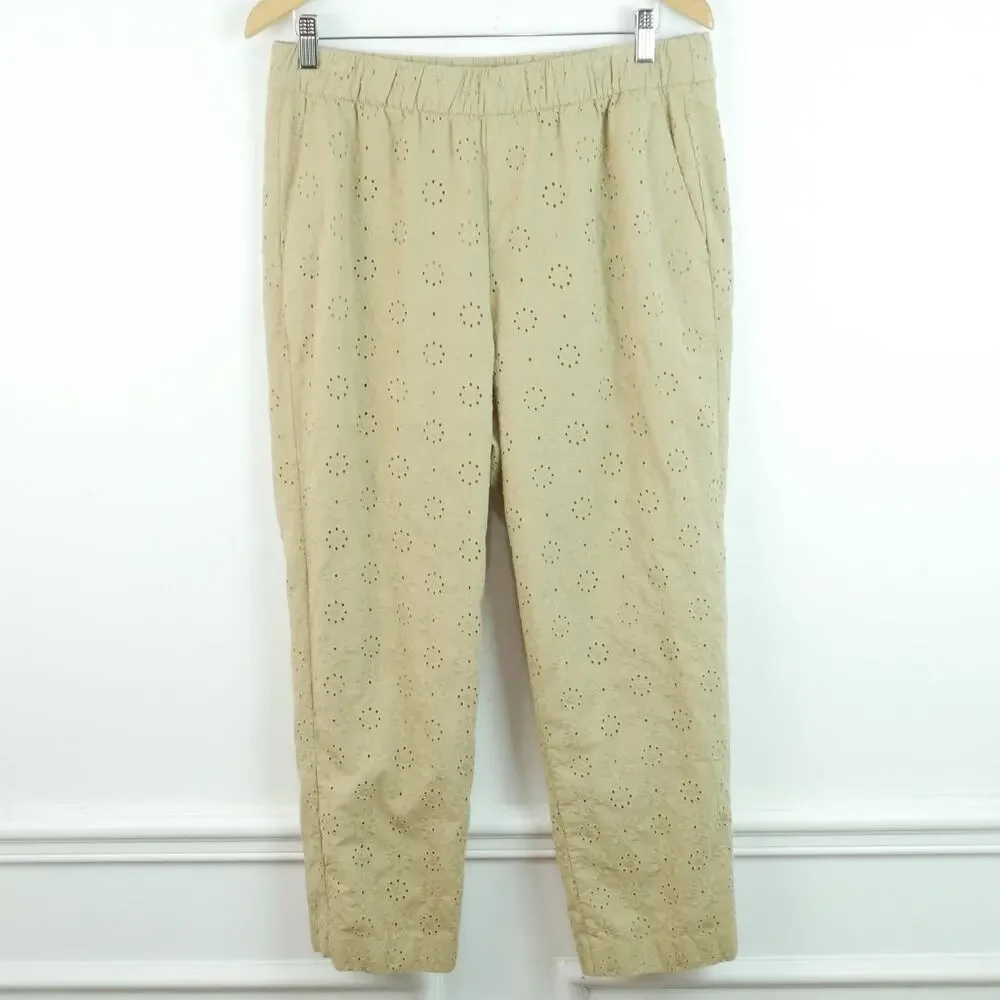 Ann Taylor Large Easy Ankle Eyelet Pants Tan Pull On Cotton Spring Crop Pockets - Picture 2 of 9